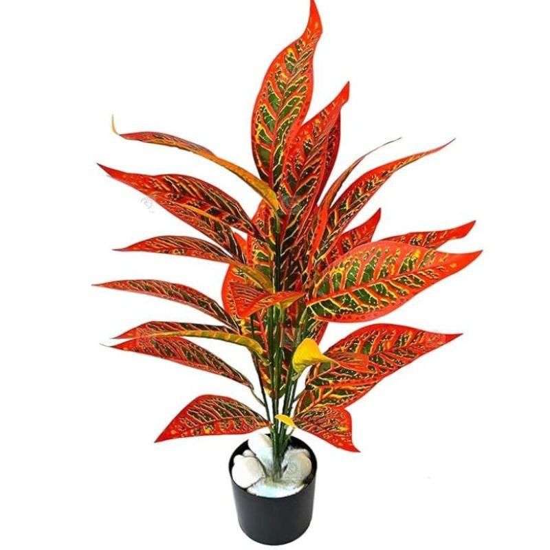 Artificial Croton Plant Vibrant Orange & Green Foliage for Home Decor, Indoor Plants, Tabletop Decoration, Office |withoutPot|