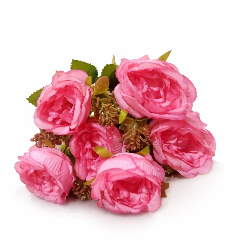 Artificial Rose Pink Flower Bunch with Green Leaves – Decorative Faux Floral Stem |Without Pot|